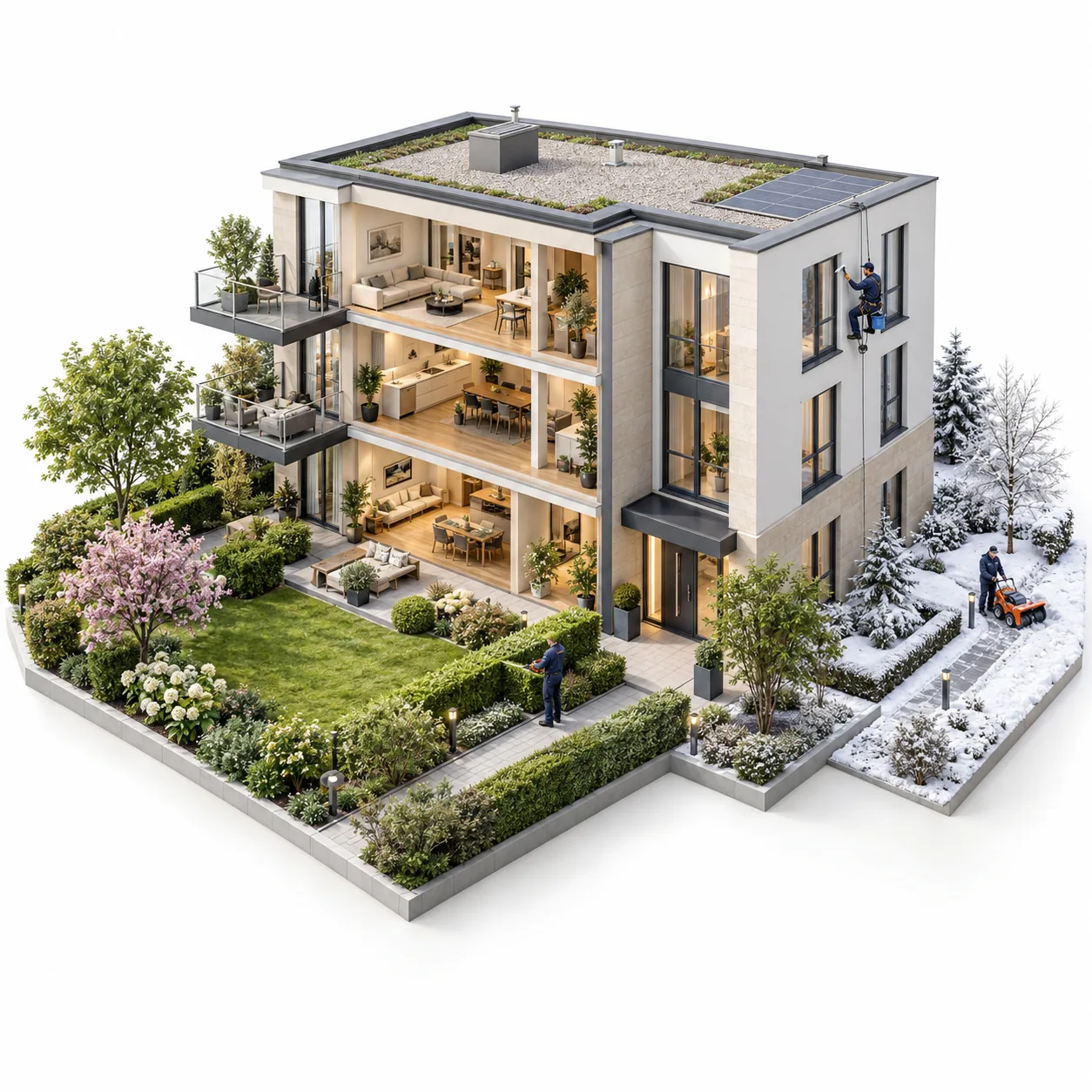 Gebäudeillustration mit Wohnräumen, Garten und winterlichem Zugangsweg